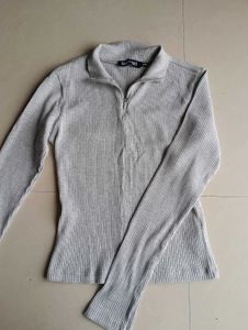 Gray Ribbed Mock Neck Top
