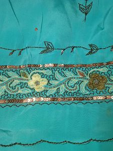 Cyan Blue Teal Embroidered Soft Fabric Saree