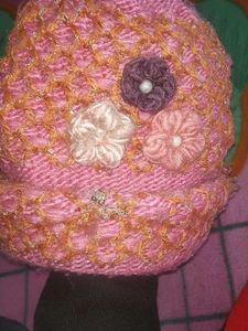 Cute Pink Knitted Beanie with Flowers