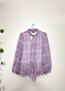 Purple Plaid Tie-Neck Blouse