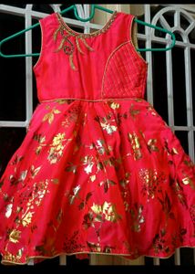 Watermelon Color Rich Look Silk Frock  With Golden Thread Work In The Neck
