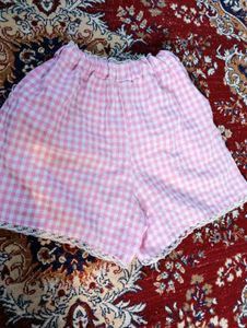 Pink Gingham Shorts with Lace Trim