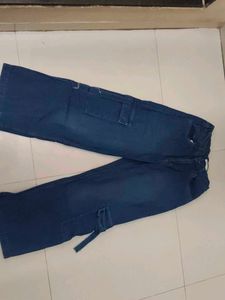 Blue Denim Wide Leg Cargo Pants