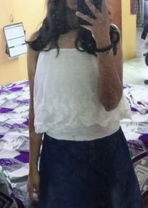 White Lace Top with Denim Skirt