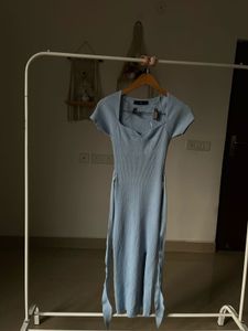 BLUE RIB-KNIT  BODYCON MIDI DRESS