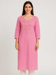Graceful Pink Checked Embroidered Kurti