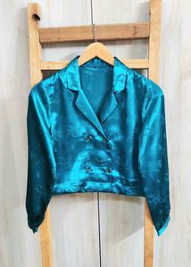 Teal Satin Floral Cropped Top size-32