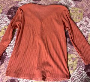 Coral Ribbed Knit Button-Up Top
