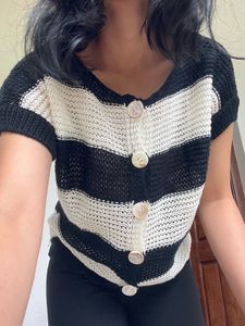 Striped Knit Button Top