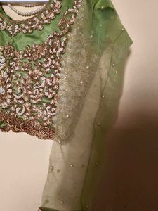 💚lime green satin heavy hand work blouse