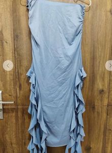 Newme Blue Ruffle Slit Dress
