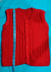 Handmade Red Knit Vest Cute Bear Button