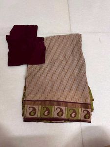 Beige Cotton Saree with Maroon Blouse