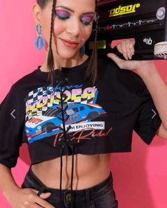 Graphic Print Lace-Up Crop Top