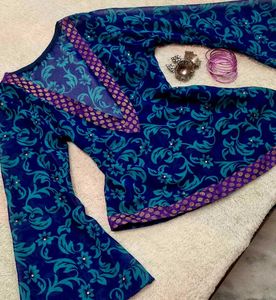 Y2k Floral Print Asymmetrical Sheer Kurti Top