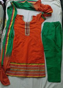 Orange Fulkari Pant Suit Set