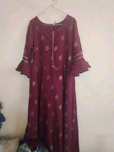 Maroon Printed Kurta with Bell Sleeves