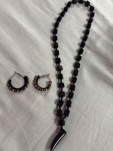 Black Horn Pendant Necklace and earrings combo