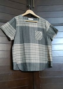 Women Beige Grey Checks Regular Fit Top