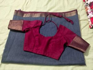 Grey Linen Mix Saree With Stiched Blouse