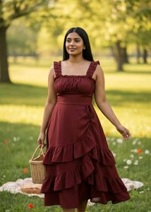 🍒 Vintage Cherry Ruffle High low Midi Dress