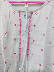 Baby Blue Colour Top With Pink Embroidery Design