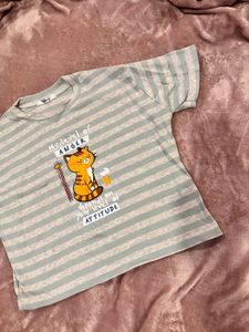 Cute Striped Tee with Cat Graphic
