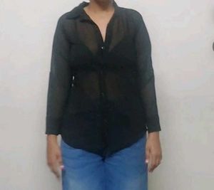 Fitted Black Sheer Button-Up Blouse