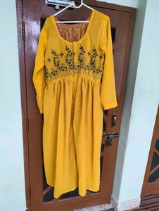 Yellow Embroidered Front Open Kurti