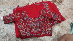Red Embroidered party wear saree