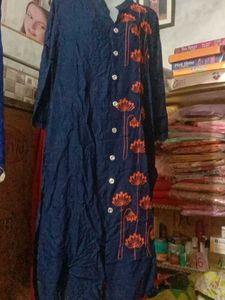 Midnight Blue Kurti with Elegant Orange Floral