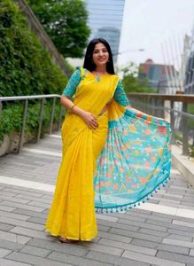 Yellow &amp; Blue Floral Linen Saree
