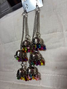 Long Silver Jhumka Earrings with Colorful Beads