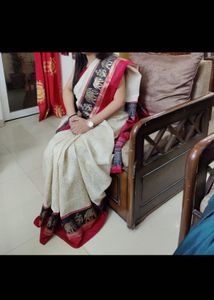 White Golden Elephant Saree With Mehroon Blouse