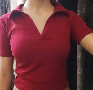 Red Ribbed Polo Top