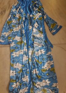 Blue Floral Satin Nighty 2 Pieces Set