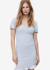 H&M Blue Striped Smocked Square-Neck Dress