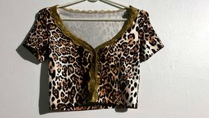 Leopard Lace Trim Crop Top