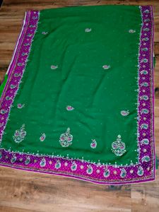 Green &amp; Pink heavy handwork Saree
