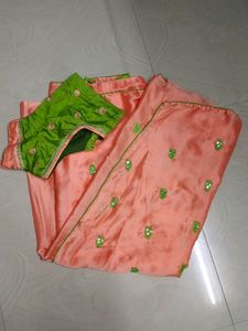 Peach Colour Saree Green Blouse