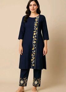 Navy Embroidered Asymmetric Kurti