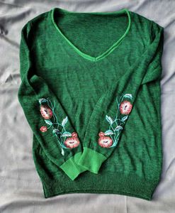 Green Embroidered Sleeve Sweater