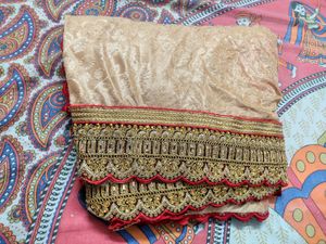 Heavy Golden Saree With Wide Border And Stitched Blouse Free