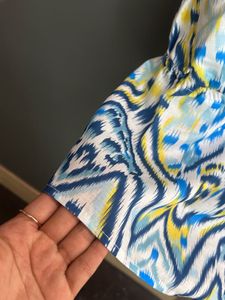 Blue &amp; White Print Tassel V Cut Crop Top