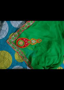 PARROT GREEN SAREE WITH EMBROIDERY BLOUSE SET