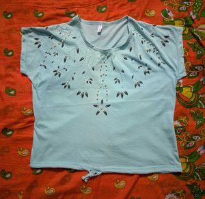 Blue Floral Embellished T-Shirt