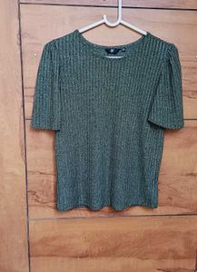 Green Ribbed Puff Sleeve Top