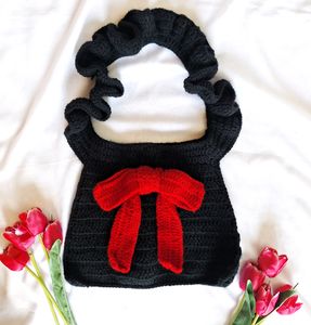 Pretty Black And Red Bow Crochet Handbag