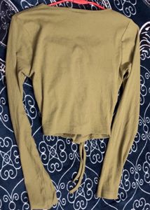 Olive Ribbed Tie Front Top