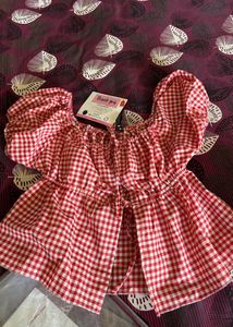 Red Gingham Puff Sleeve Top